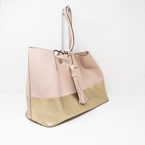 Tory Burch Perry Genuine Leather Pink Metallic Gold Shoulder Tote Purse Bag